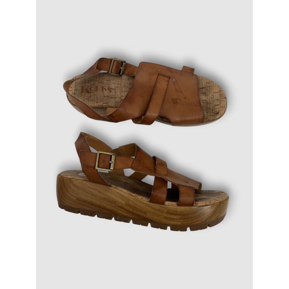 Korks by Kork-Ease Leather Platform Sandals Brown Cork Wedge Slingback Size 8